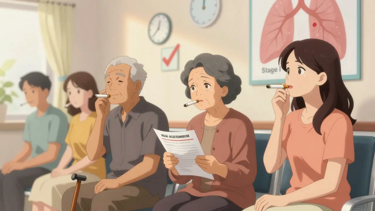 Groupe de fumeurs anciens et actifs dans une salle d'attente, regardant un affichage médical.