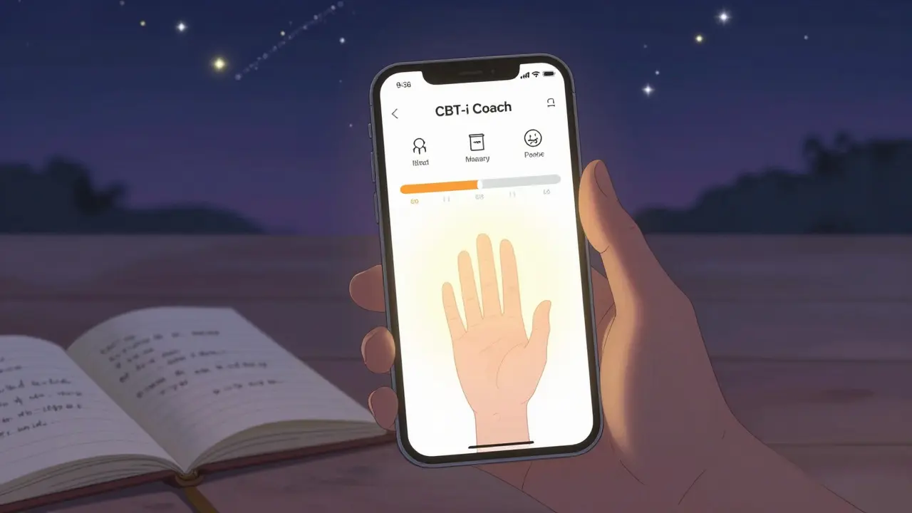 Main effectuant une respiration diaphragmatique devant un téléphone affichant une application de TCC-I, dans une ambiance calme.