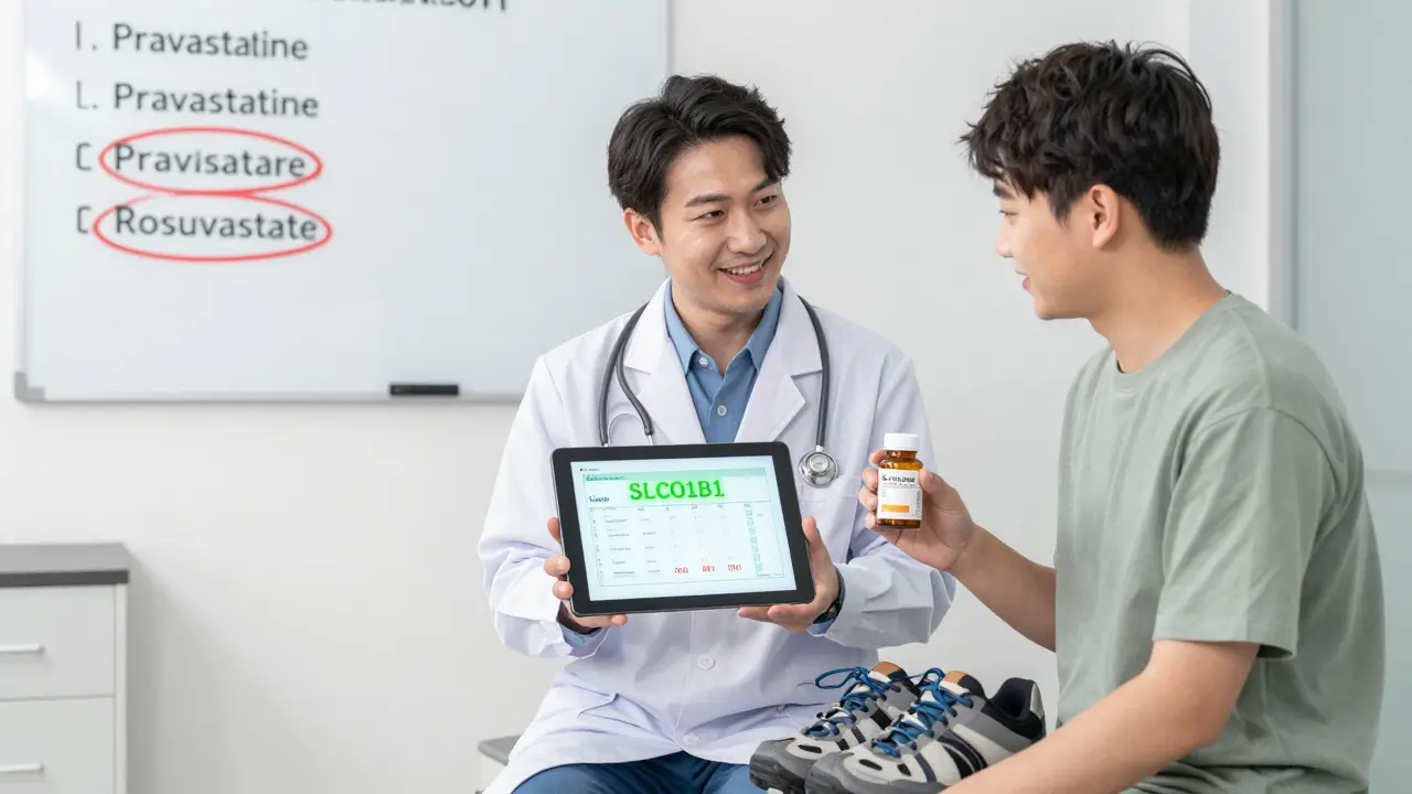 Médecin et patient discutant dans un bureau, une bouteille de CoQ10 et des chaussures de marche sur la table.