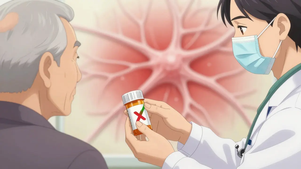 Médecin prescrivant un antibiotique alternatif sûr à un patient âgé.