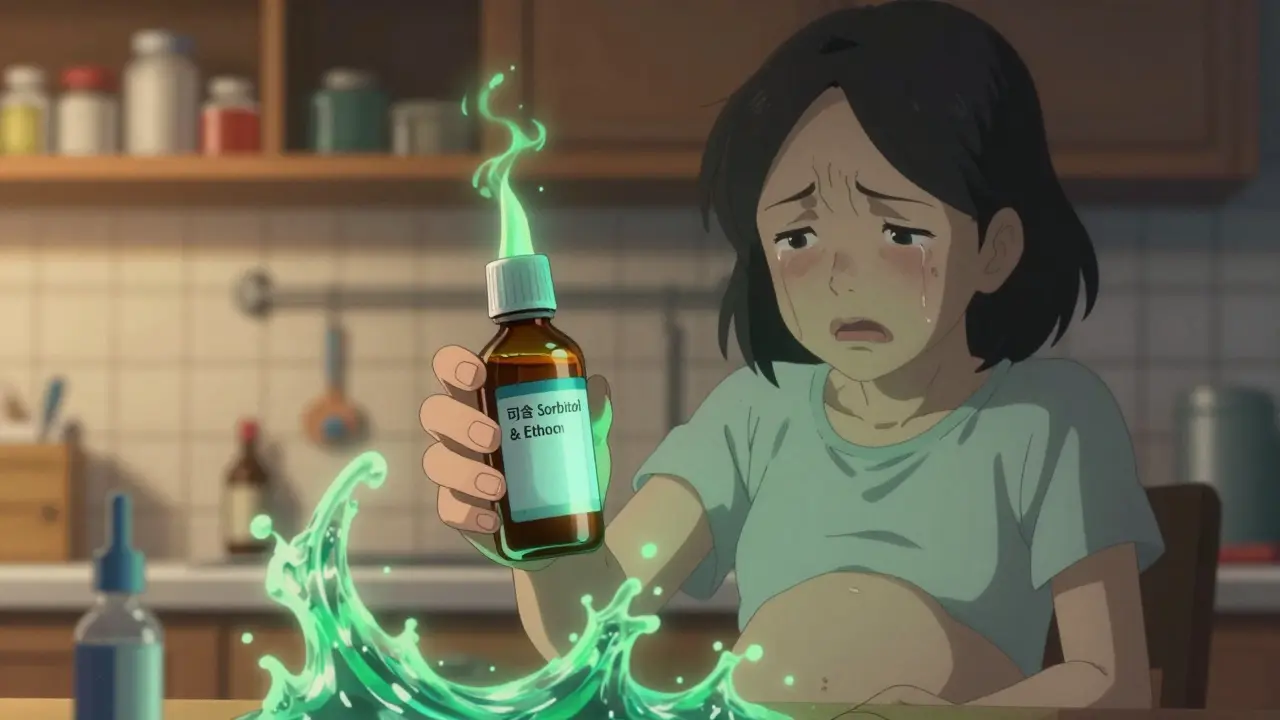 Mère tenant un sirop contre la toux pédiatrique révélant des excipients dangereux, des vagues toxiques émergent du liquide.