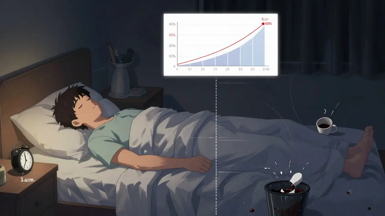 Personne suivant la restriction du sommeil, avec un graphique de progression du sommeil flottant au-dessus d'elle dans sa chambre.