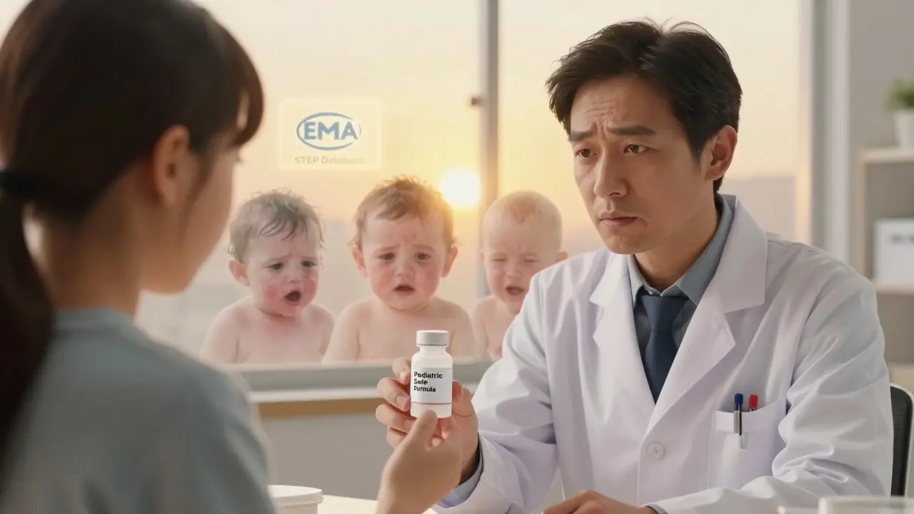 Pharmacien offrant une version sans excipient dangereux à un parent, des silhouettes d'enfants malades flottant en arrière-plan.