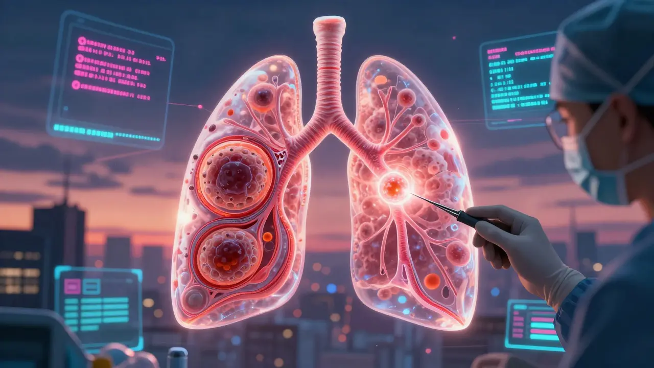 Poumon transparent avec un nodule microscopique, entouré d'algorithmes AI et d'un scalpel laser.