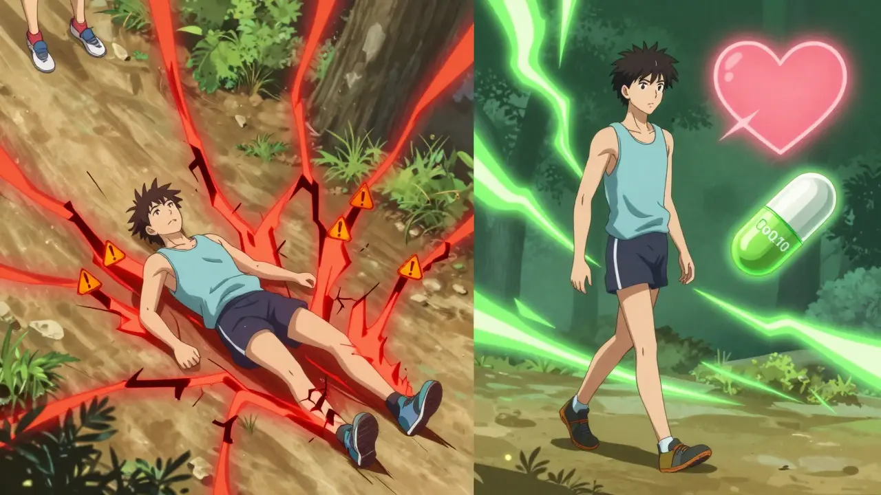 Scène divisée : d'un côté un coureur en détresse, de l'autre la même personne marchant en sécurité avec une capsule de CoQ10.