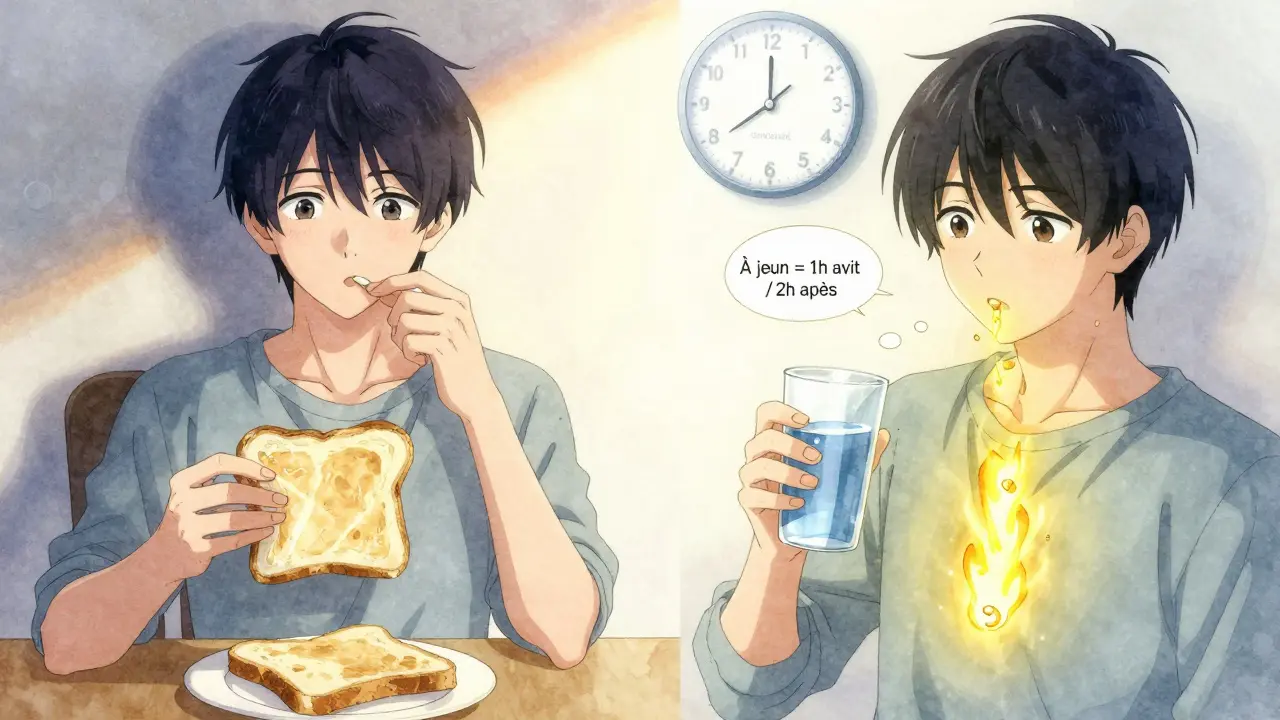 Scène divisée : prise de médicament avec café (dangereux) vs à jeun avec eau (sûr), avec horloge et symboles explicatifs.