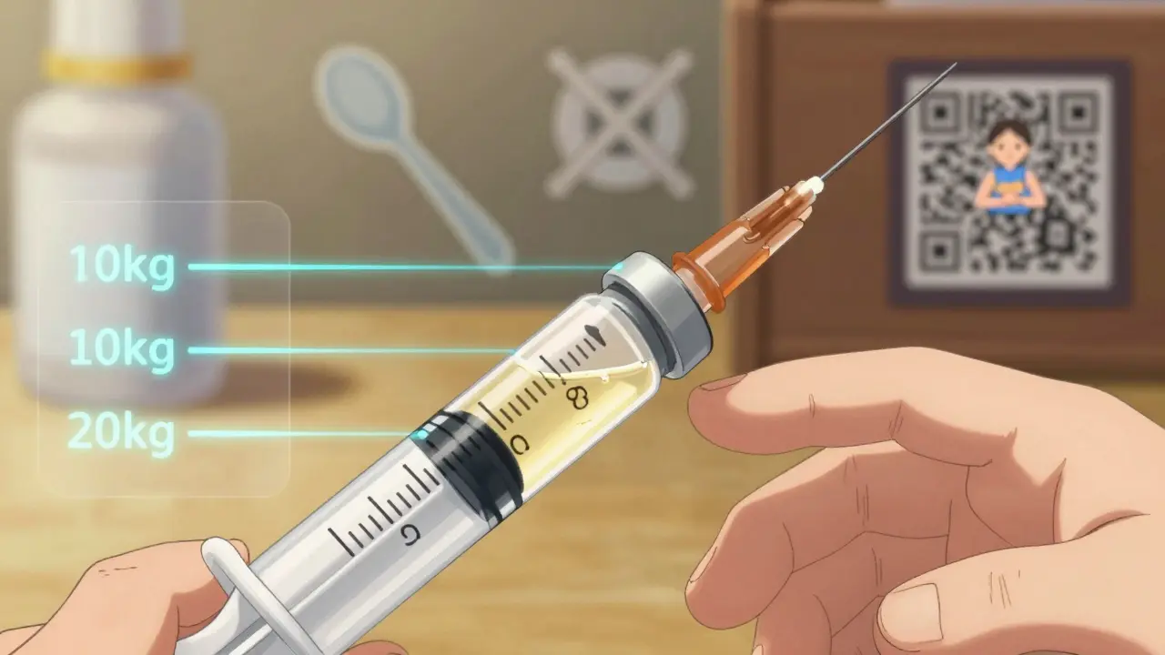 Seringue orale précise mesurant un liquide médicamenteux, avec le ménisque visible au niveau des yeux.