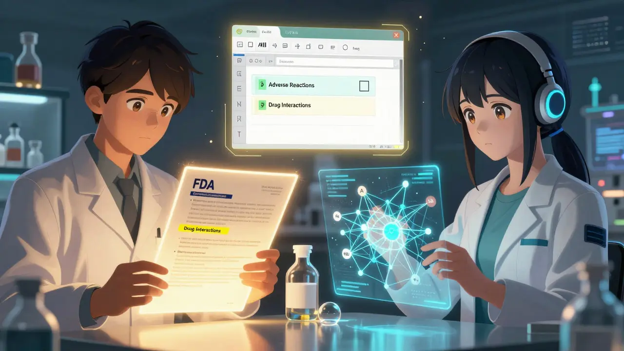 Un chercheur analysant une notice médicamenteuse avec une IA animée qui connecte des termes MedDRA, dans un style anime Orange Studio.