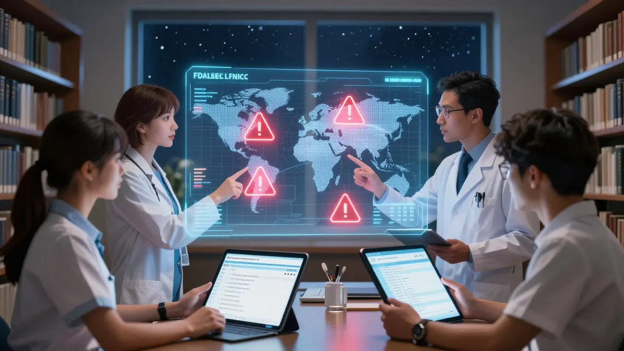 Un groupe de professionnels étudiant un tableau FDALabel holographique dans une bibliothèque, dans un style anime Orange Studio.