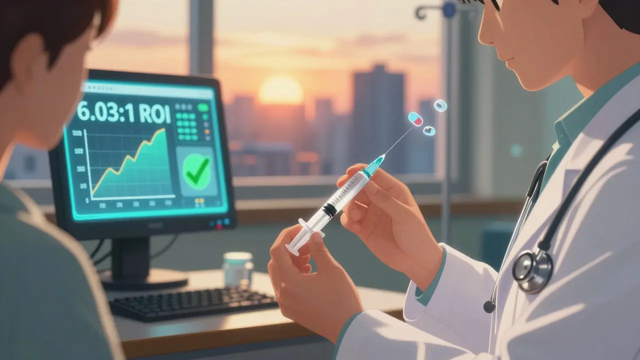 Un pharmacien administre un médicament prêt à l'emploi avec un graphique de retour sur investissement en arrière-plan.