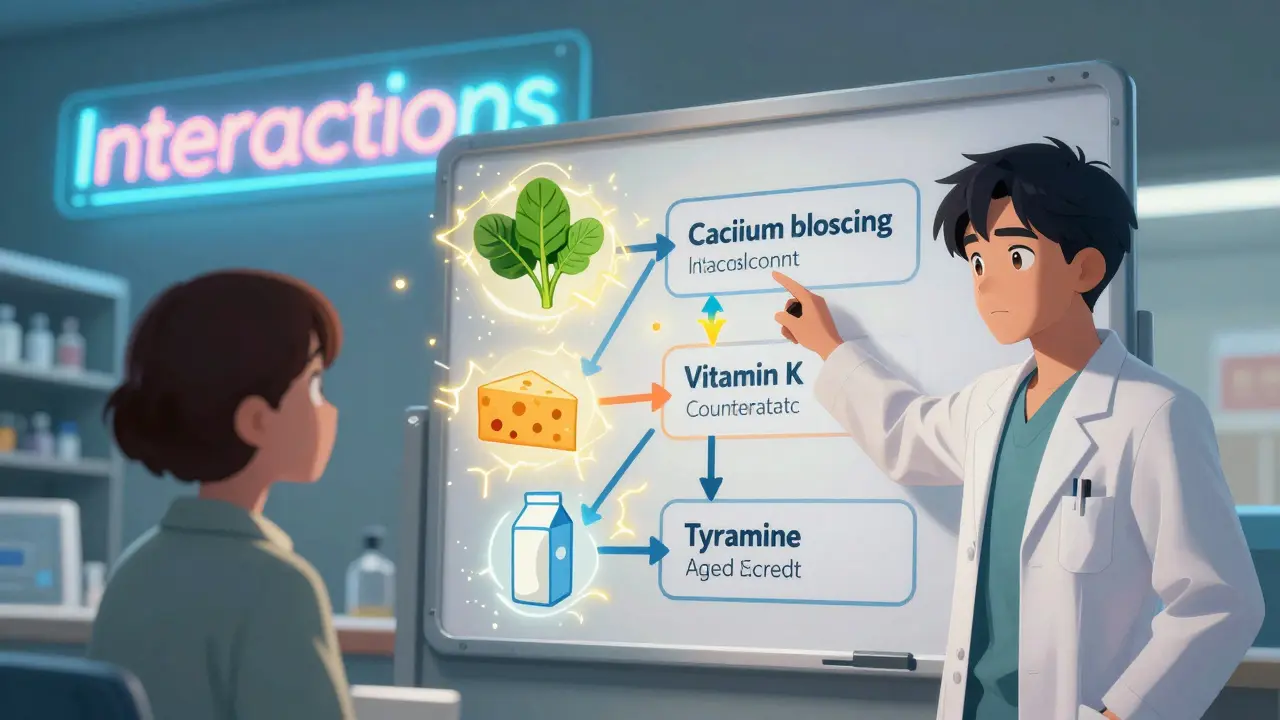 Un pharmacien explique les interactions entre médicaments et aliments sur un tableau mural avec des icônes visuelles.
