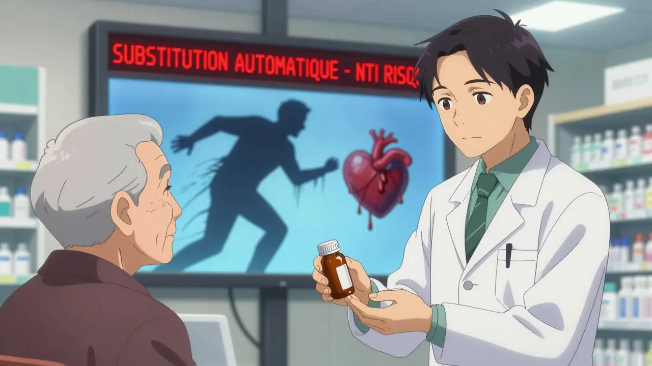 Un pharmacien remet un médicament générique à un patient, tandis qu'un écran affiche un avertissement de risque NTI en arrière-plan.