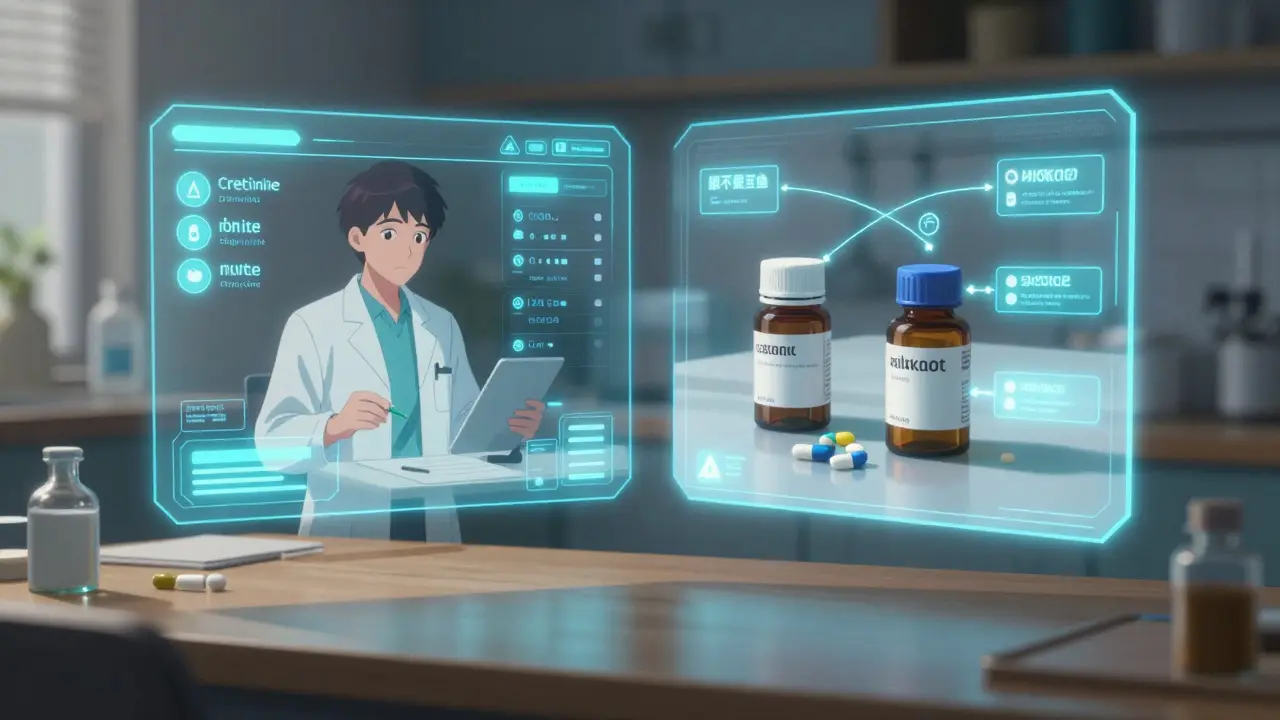 Un tableau clinique affiche des résultats d'analyses et des interactions médicamenteuses.