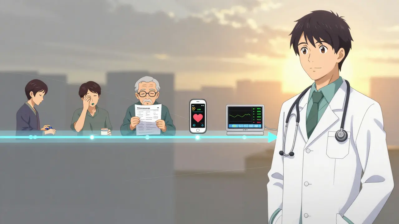 Une timeline symbolise la transformation d'une prise de médicaments risquée vers une gestion sécurisée.