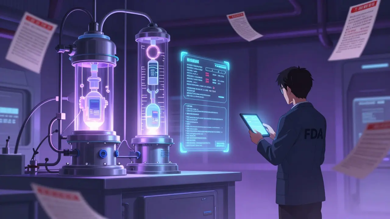 Usine chinoise high-tech produisant des biosimilaires, avec des données blockchain et des avertissements FDA flottants en rouge.
