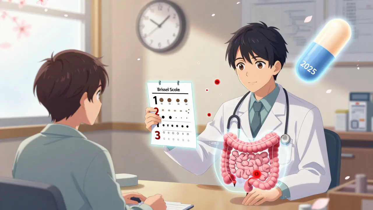 Consultation médicale avec un modèle intestinal transparent et des marqueurs C4, symbolisant l'évaluation du risque de constipation.