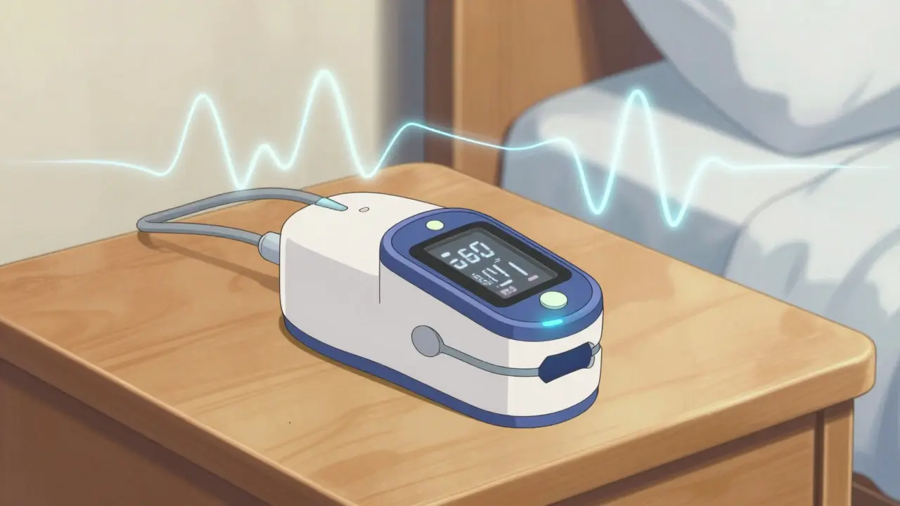 Dispositifs médicaux connectés brillants sur une table de chevet.