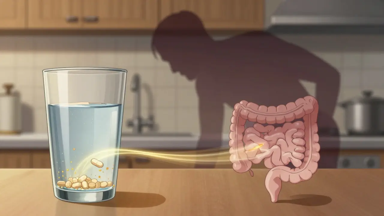 Patient prenant des fibres solubles avec de l'eau, illustrant la gestion douce de la constipation liée au colesevelam.