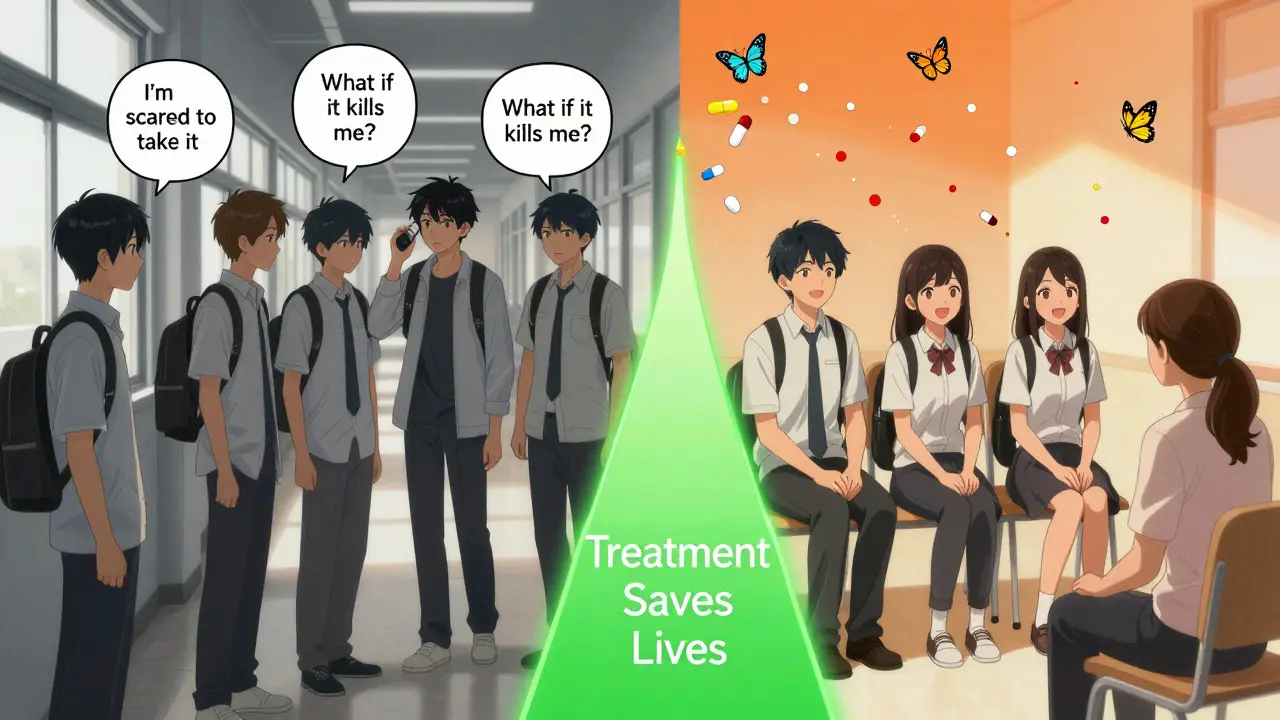 Scène divisée : des adolescents effrayés à gauche, puis réconfortés à droite, avec un chemin lumineux symbolisant le traitement qui sauve des vies.