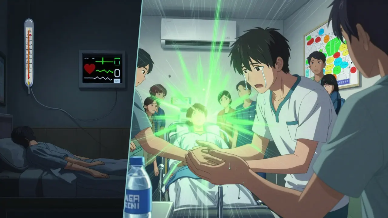 Scène en deux parties : d'un côté une surdose mortelle, de l'autre une personne sauvée dans un centre climatisé entouré de soutien.