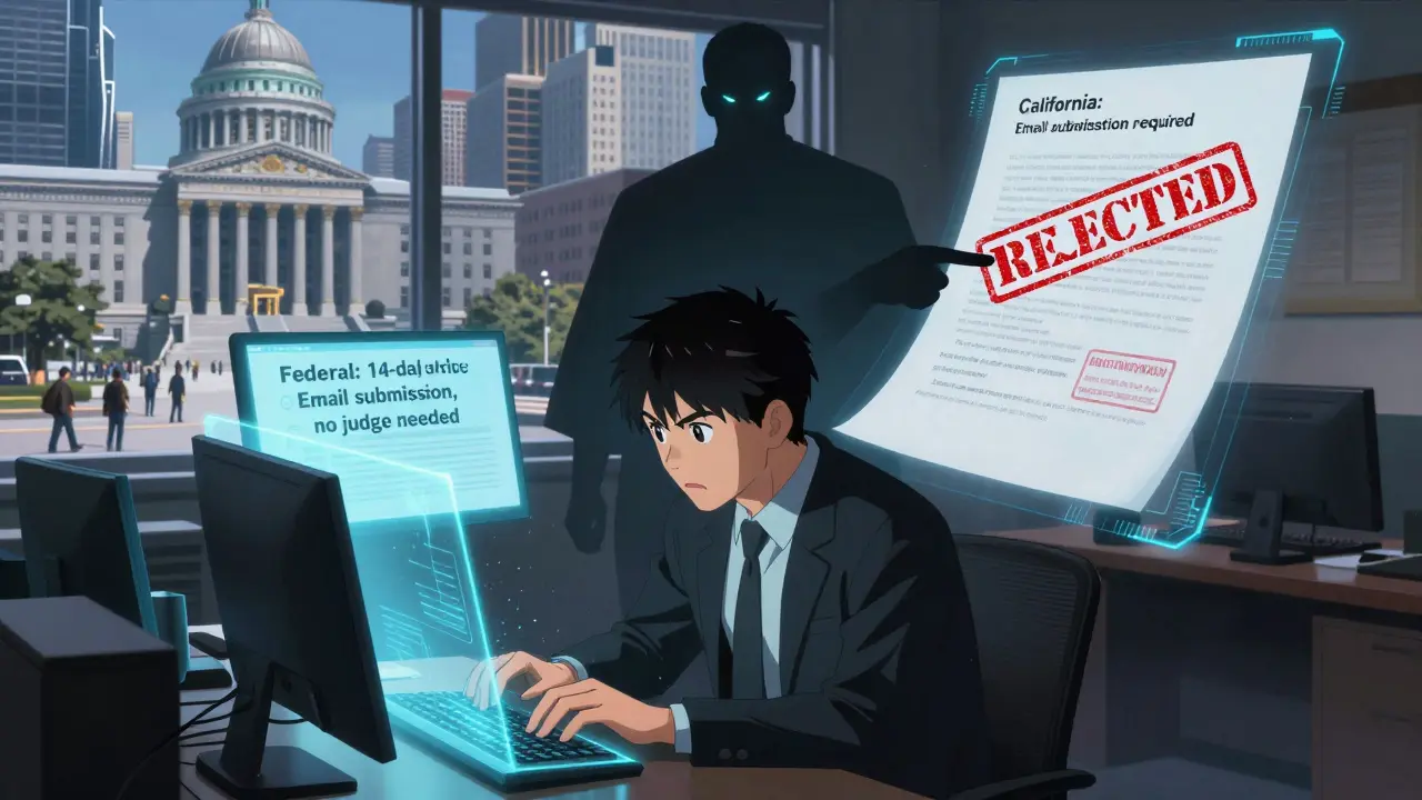 Un avocat confronté à des règles contradictoires sur des écrans holographiques, avec un jugement fédéral en arrière-plan.