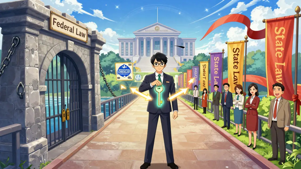 Un avocat tient une clé de conformité entre deux mondes juridiques, sous un horizon où une loi unifiée émerge.