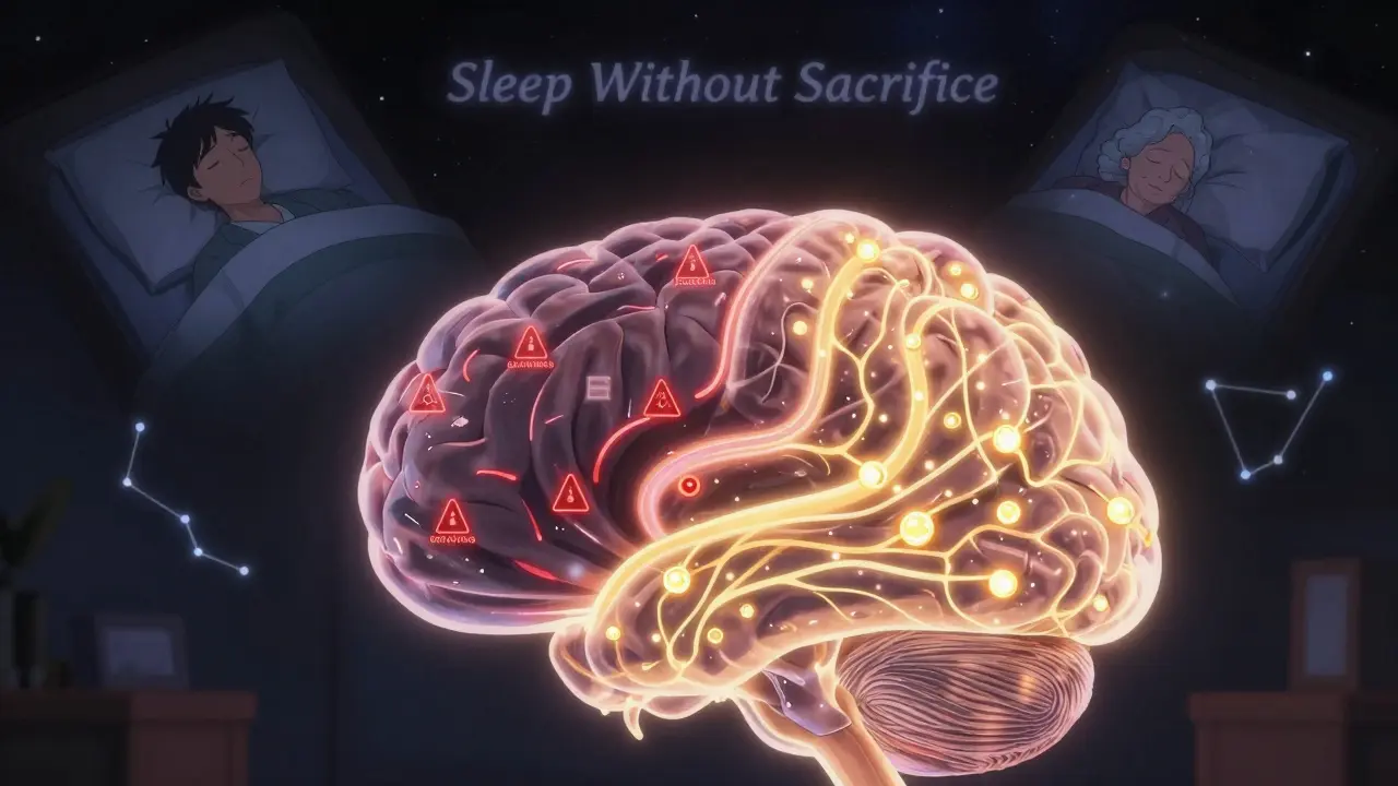 Un cerveau translucide avec deux voies de sommeil : une sombre et dangereuse, l'autre lumineuse et protectrice, dans un fond cosmique.