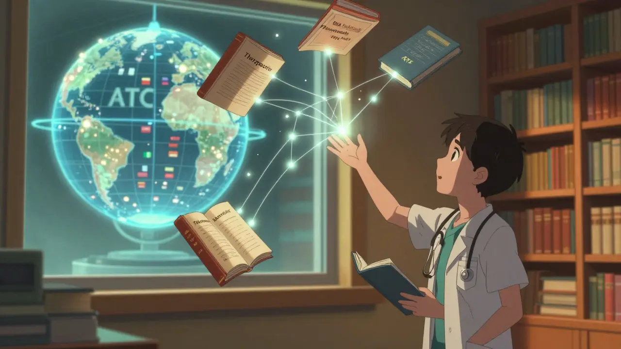 Un étudiant en médecine connecte des livres flottants représentant les systèmes de classification des médicaments.