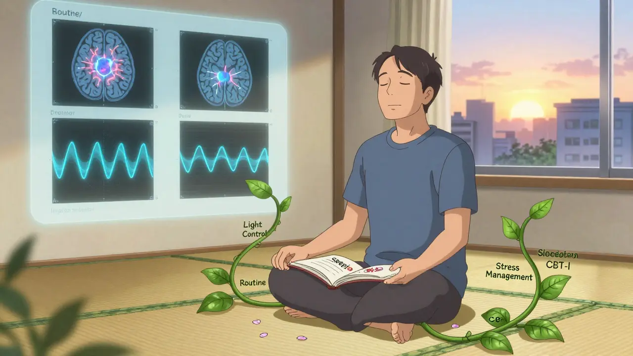 Un homme méditant au sol, entouré de plantes symbolisant la thérapie CBT-I, avec un ciel d'aube derrière lui.