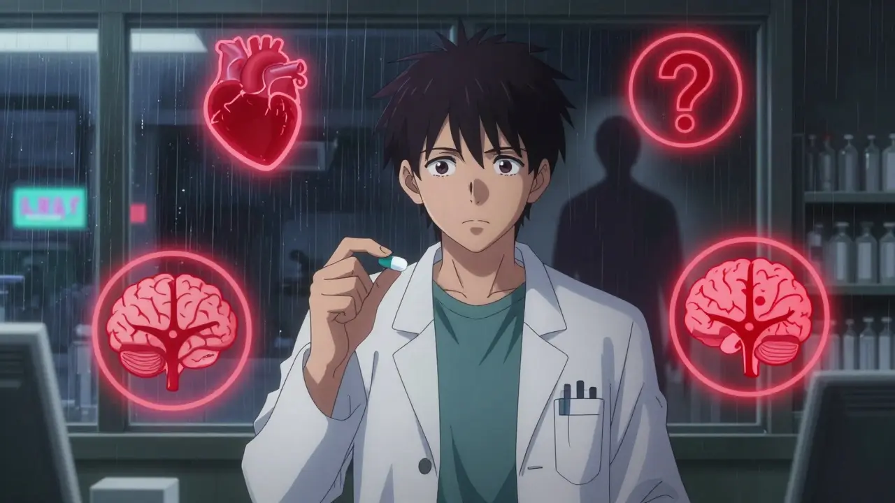 Un pharmacien hésite face à un comprimé de warfarine et son équivalent générique, entouré d'icônes médicales menaçantes.