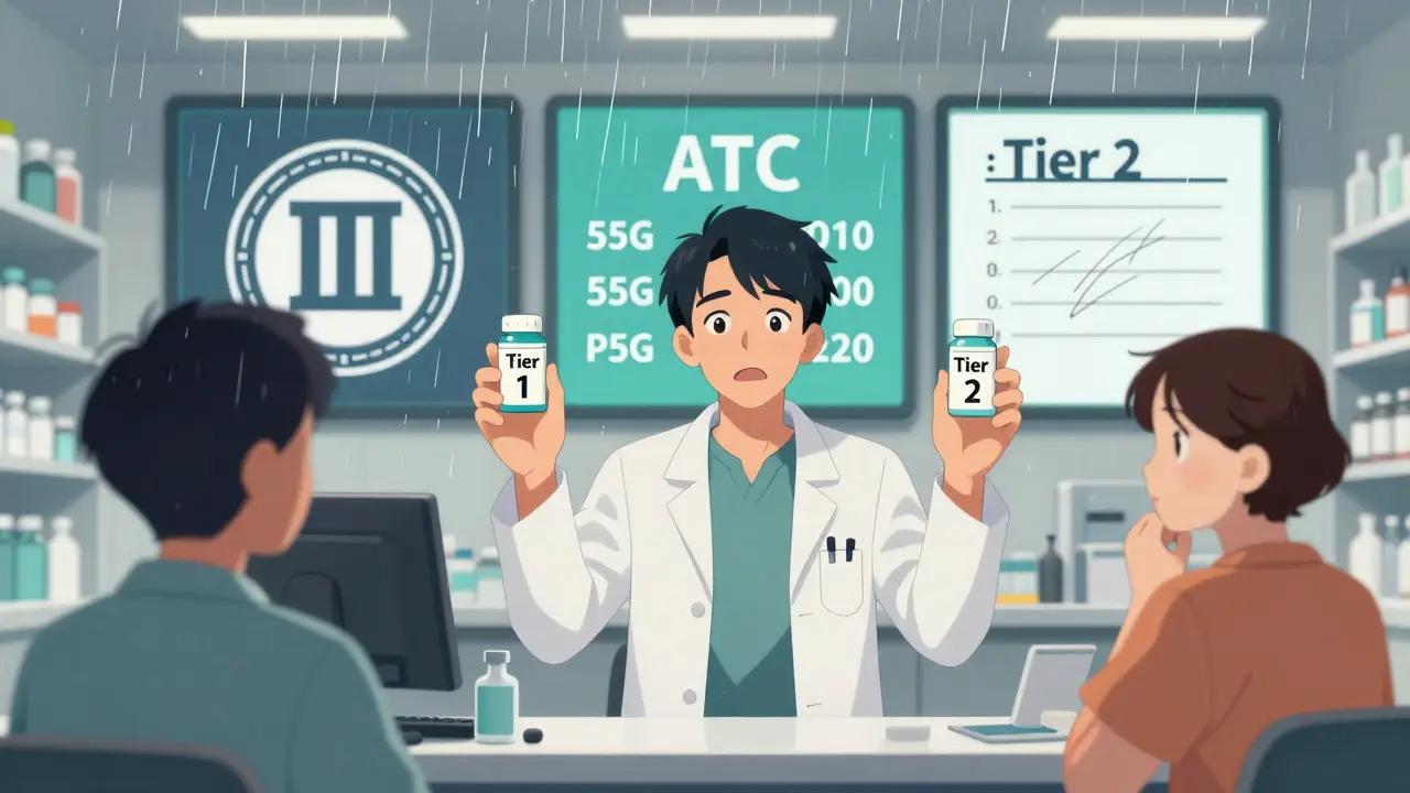 Un pharmacien tenant deux pilules identiques étiquetées Tier 1 et Tier 2, avec des écrans conflictuels derrière lui.