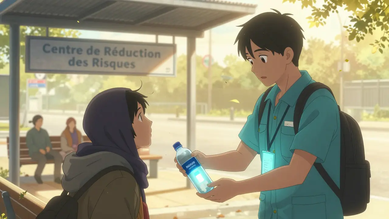 Un travailleur de rue offre une bouteille d'eau fraîche à une personne sans abri sous un abribus, avec un kit de naloxone visible.