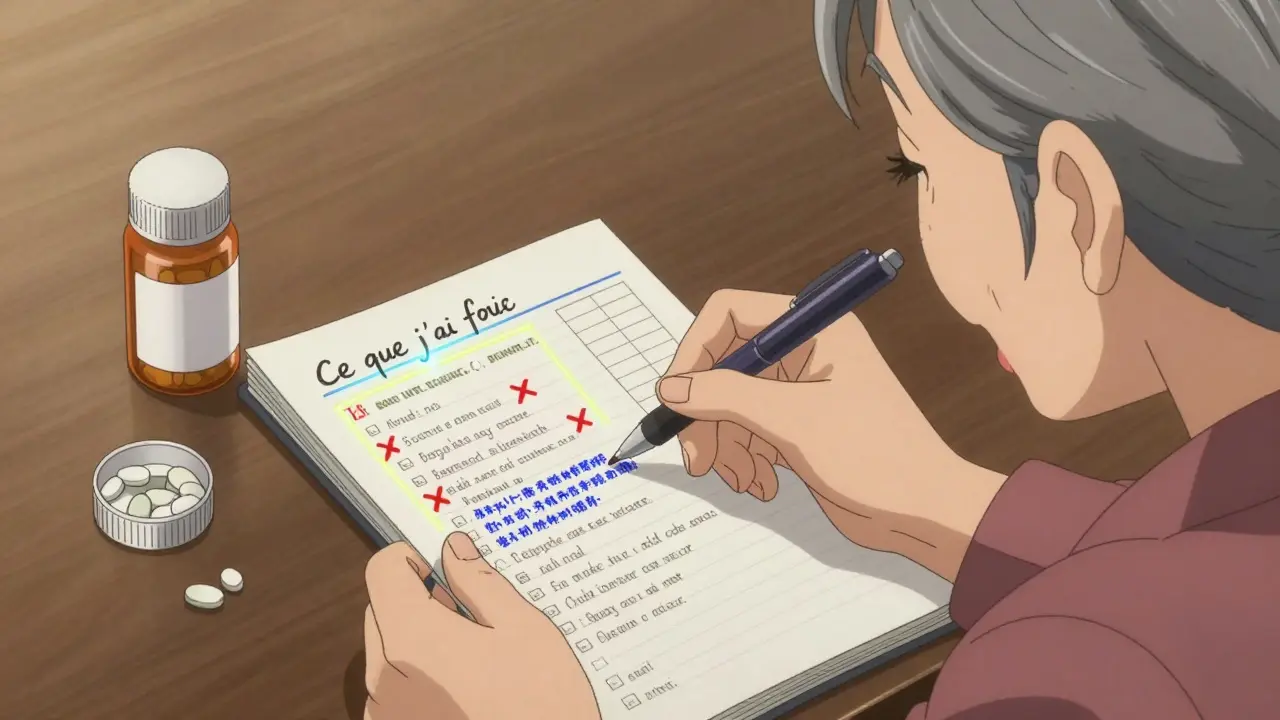 Une femme âgée met à jour son plan médicamenteux avec des bouteilles de pilules et des notes manuscrites.