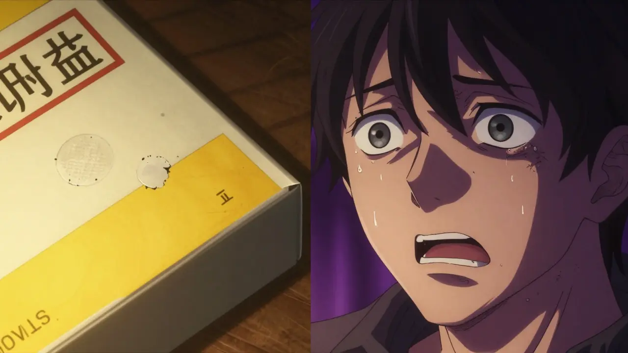 Comparaison entre une boîte de médicament falsifiée et un personnage ressentant un malaise.