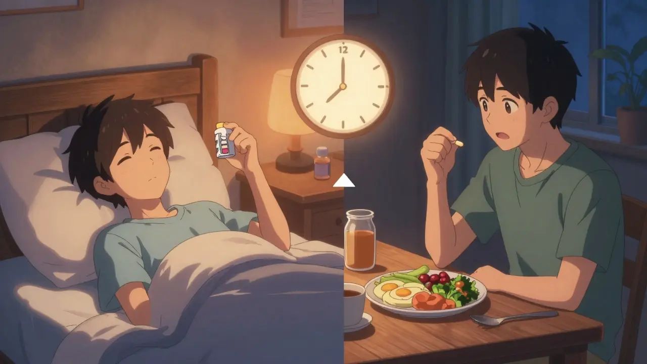 Comparaison visuelle entre la prise de médicament le matin et les compléments le soir.