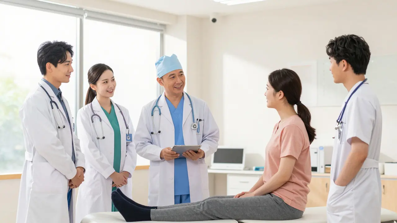 Équipe médicale multidisciplinaire aidant une patiente dans une clinique.