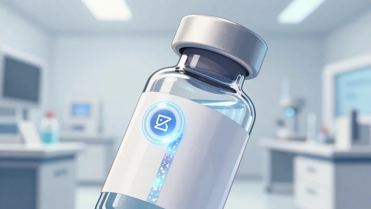 Gros plan sur un flacon de médicament moderne avec un sceau holographique de sécurité.