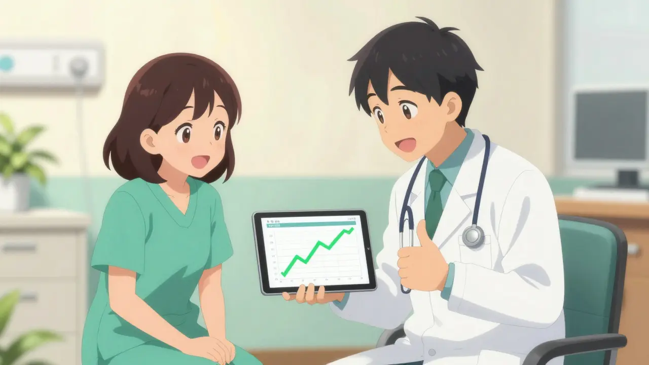 Patient et médecin célébrant ensemble des progrès de santé sur une tablette.