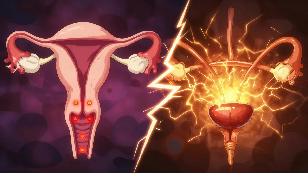 Représentation conceptuelle de l'endométriose et de la cystite interstitielle.