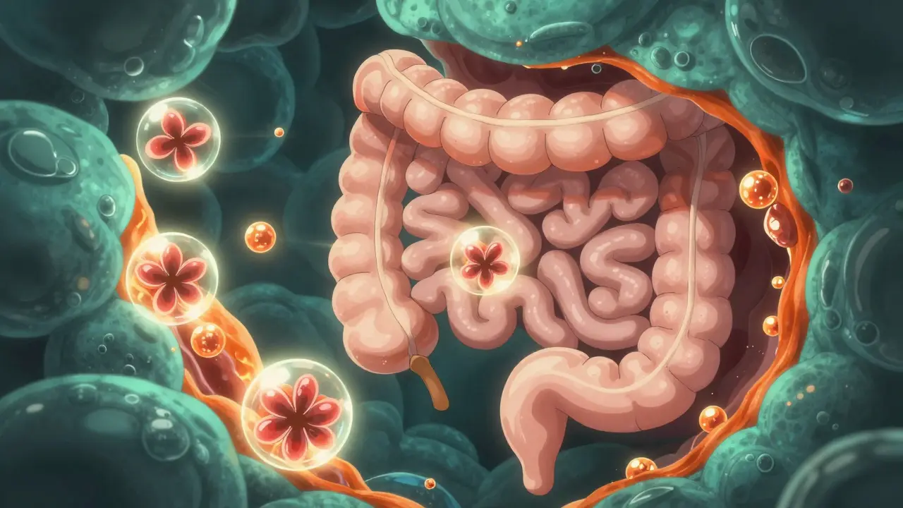 Représentation conceptuelle de minéraux bloquant l'absorption d'hormones dans l'intestin.