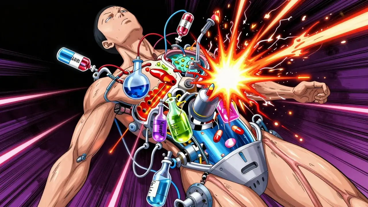 Représentation conceptuelle de réactions chimiques dangereuses à l'intérieur du corps humain.