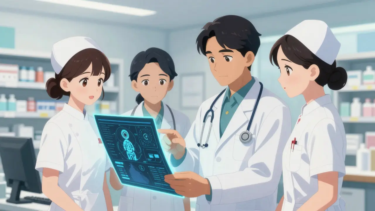 Un médecin, un pharmacien et une infirmière collaborant autour d'un dossier médical.