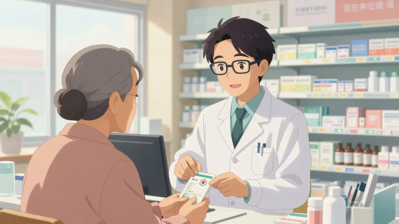 Un pharmacien conseillant une personne âgée dans une pharmacie lumineuse et sécurisante.