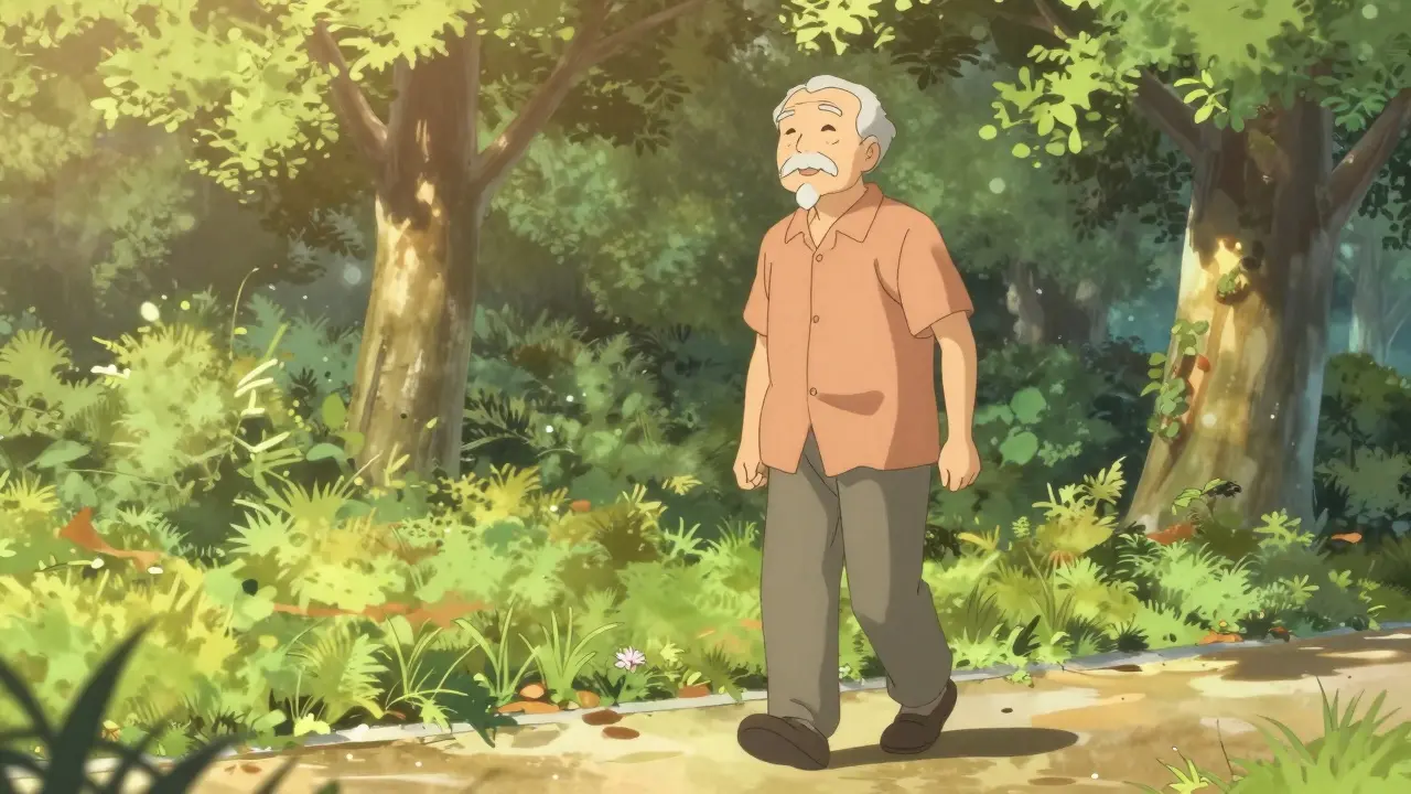 Une personne âgée marchant avec assurance dans un parc ensoleillé.