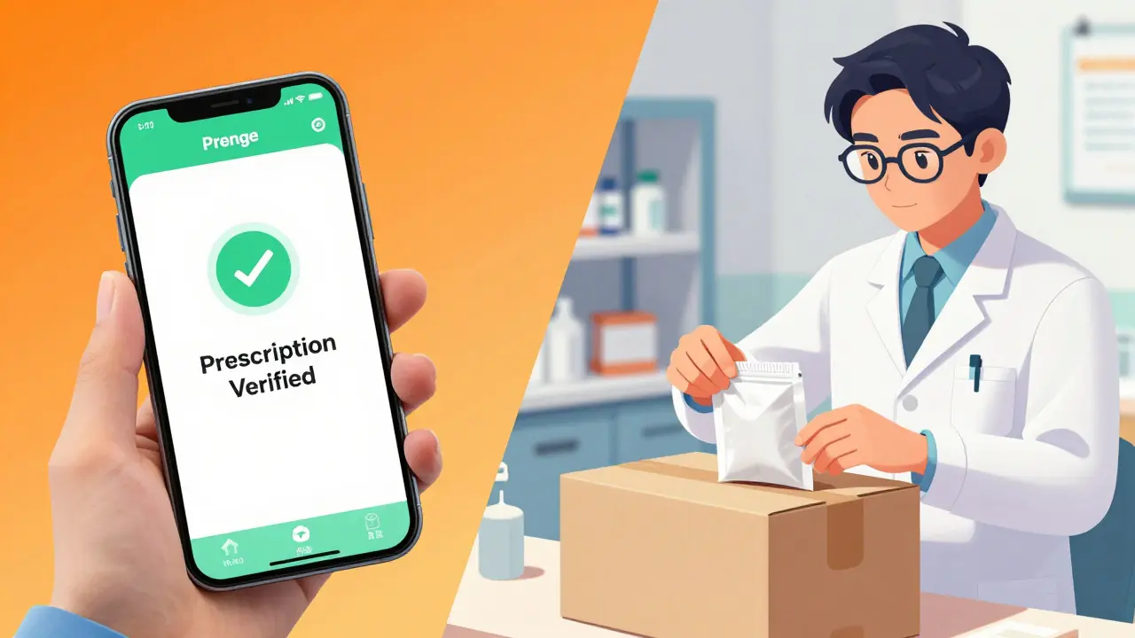 Utilisation d'une application de pharmacie sécurisée et préparation d'un colis médical.