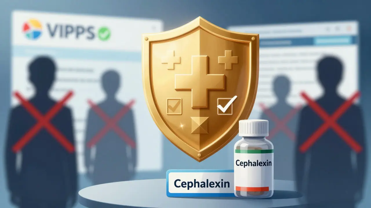 Bouclier de sécurité protégeant un médicament des arnaques en ligne