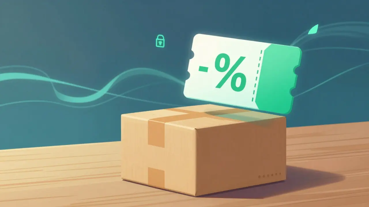 Colis discret et icône de réduction illustrant l'achat en ligne sécurisé