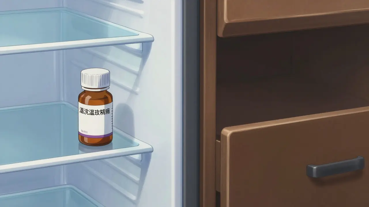 Comparaison visuelle entre le stockage au réfrigérateur et à température ambiante pour les médicaments.