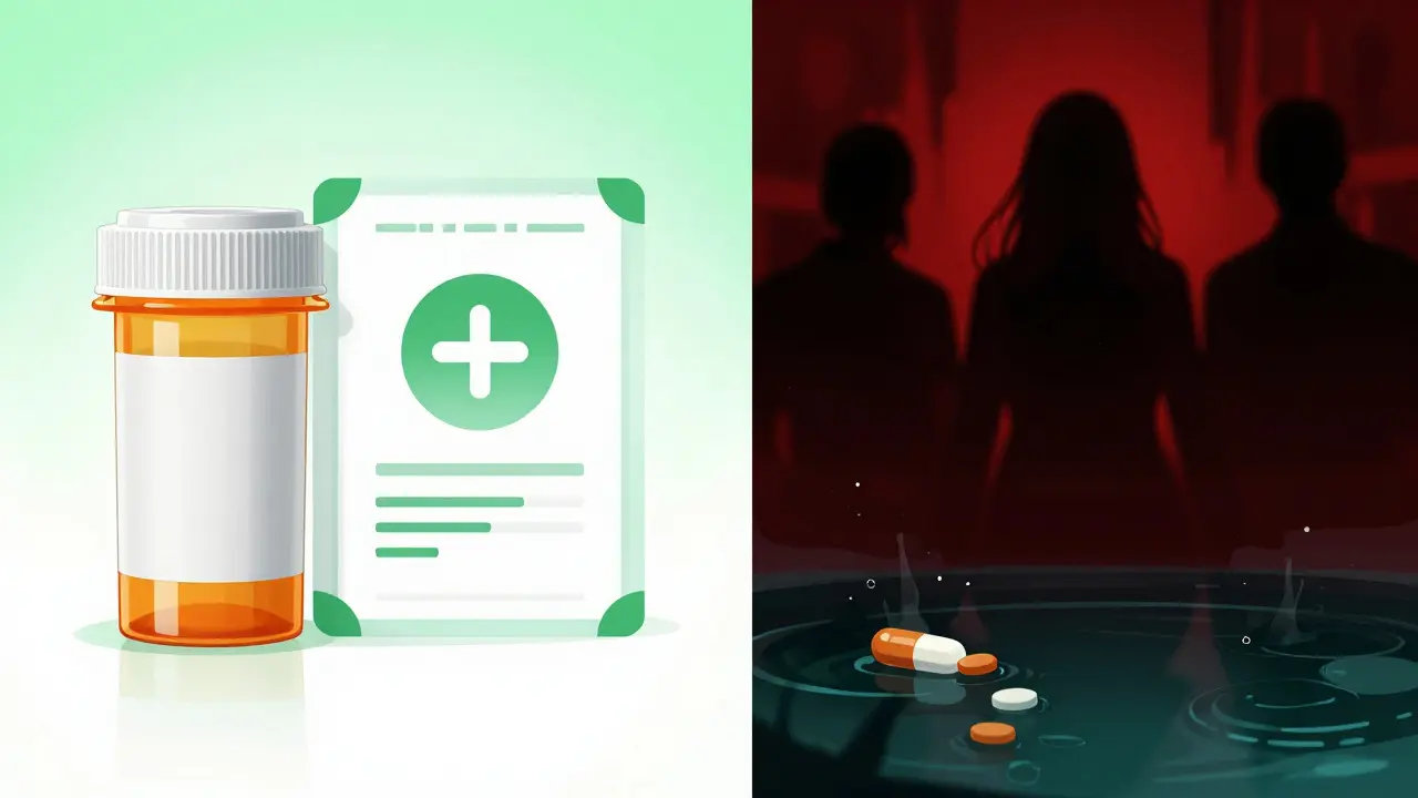 Comparaison visuelle entre médicaments légaux sécurisés et dangers des pharmacies illégales obscures.