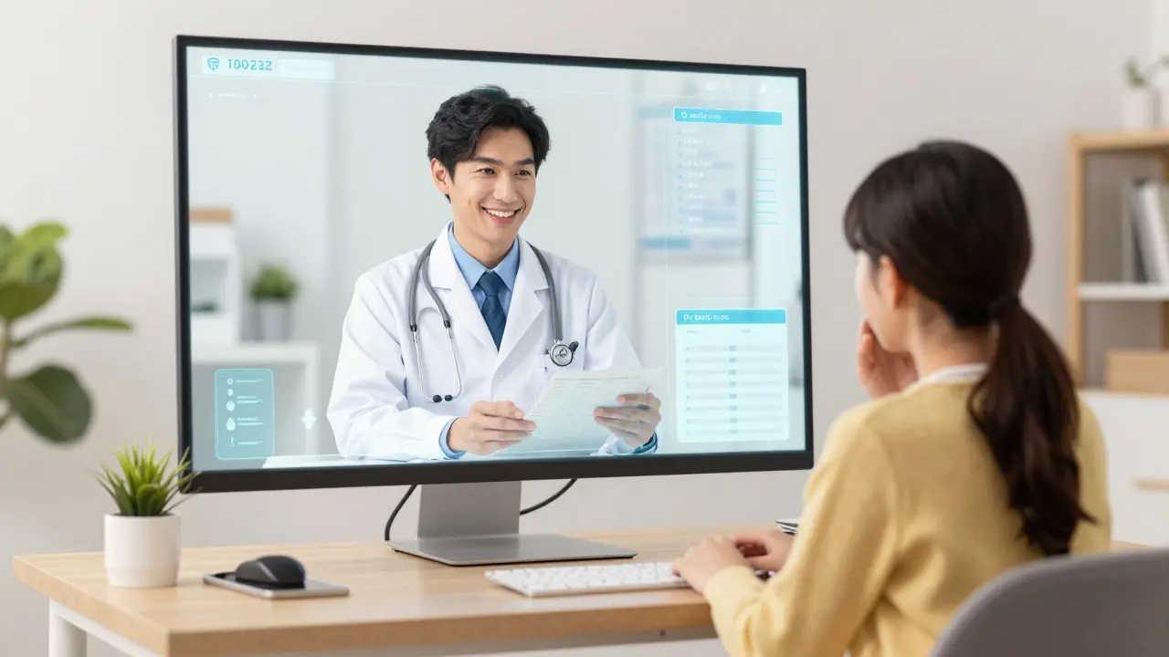 Consultation de télémédecine en ligne avec un médecin souriant et rassurant dans un cadre moderne.